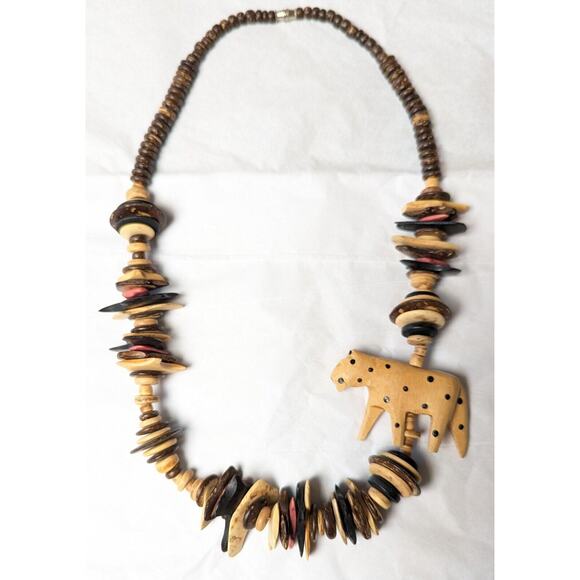 Tribal Statement Bib Necklace FOLK ART WOOD SAFARI offset cheetah nut shell bead - Picture 1 of 6
